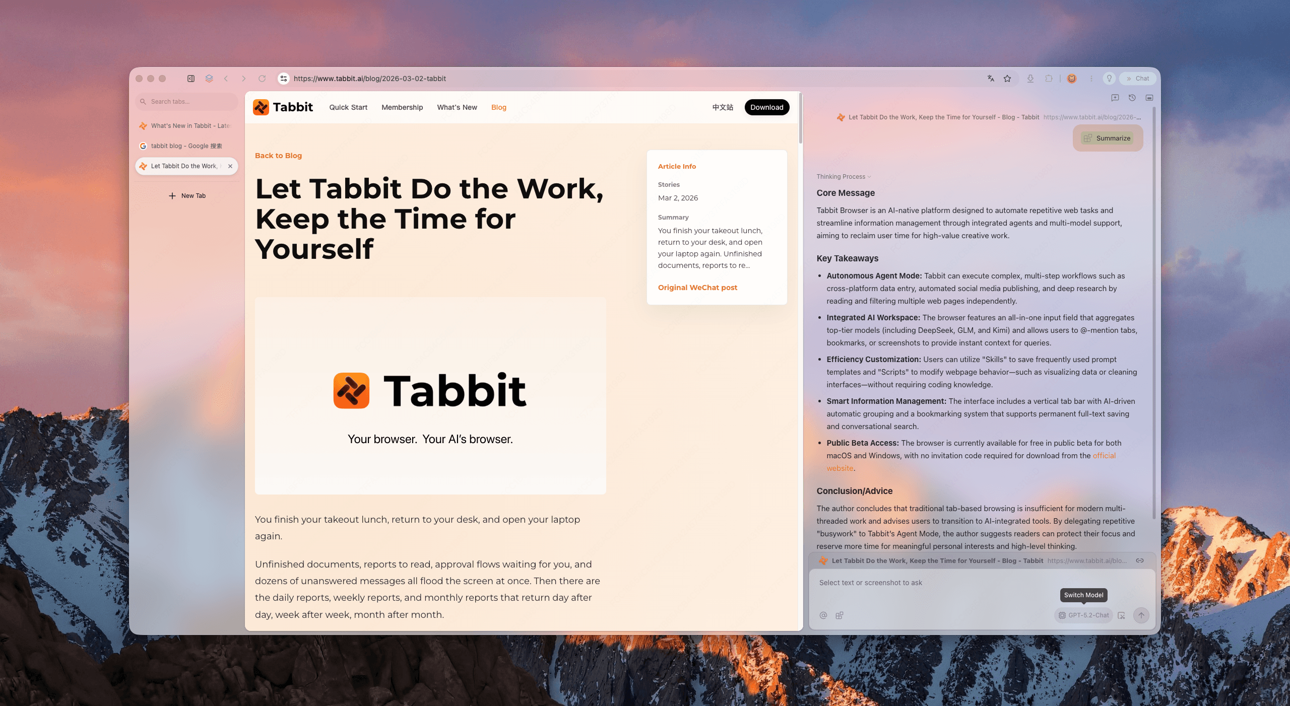 Tabbit Browser page summary sidebar beside a web page