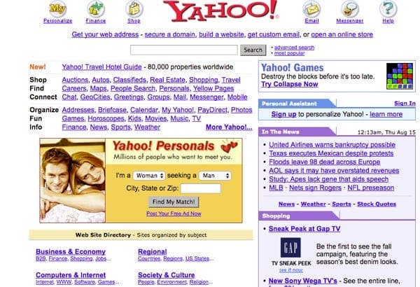 Early Yahoo web directory with dense navigation links