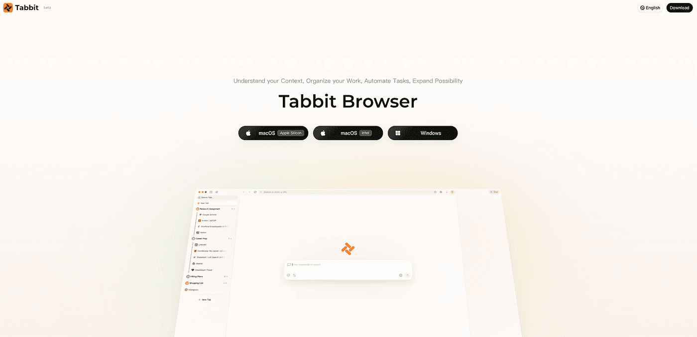 Tabbit Browser product page with macOS and Windows downloads