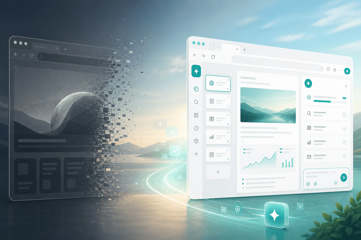 Concept art of an aging AI browser fading while a modern agentic browser workspace continues