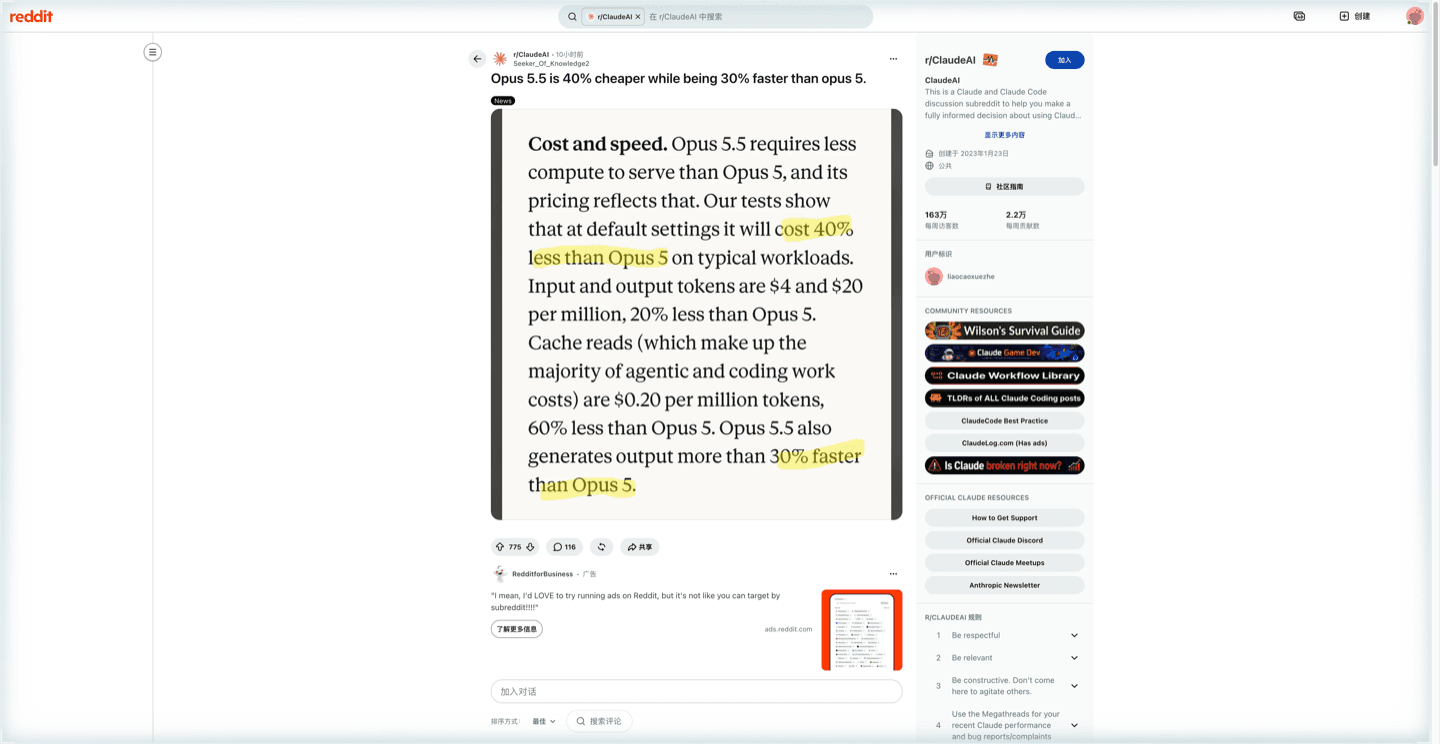 Reddit 스레드 제목 'Opus 5.5는 Opus 5보다 40% 저렴하고 30% 빠르다'. 상위 댓글들은 Opus 5의 소통 문제를 회상한다