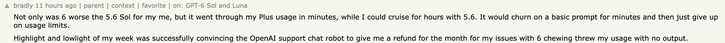 Commentaire Hacker News de bradly rapportant que GPT-6 a brûlé son quota Plus en minutes contre des heures avec 5.6 Sol