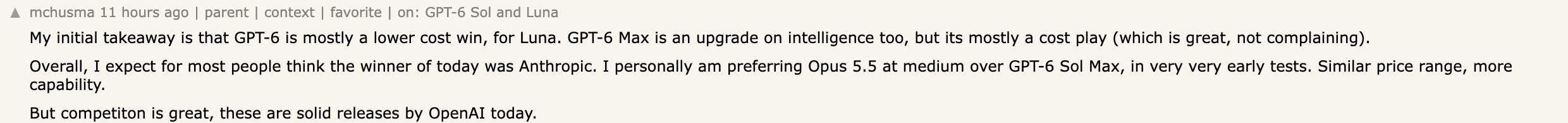 Commentaire Hacker News de mchusma préférant Opus 5.5 en medium à GPT-6 Sol en Max sur des tests très préliminaires