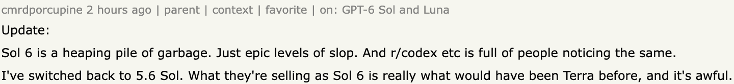 Commentaire Hacker News de cmrdporcupine disant être revenu à 5.6 Sol et que Sol 6 est ce qui aurait été Terra