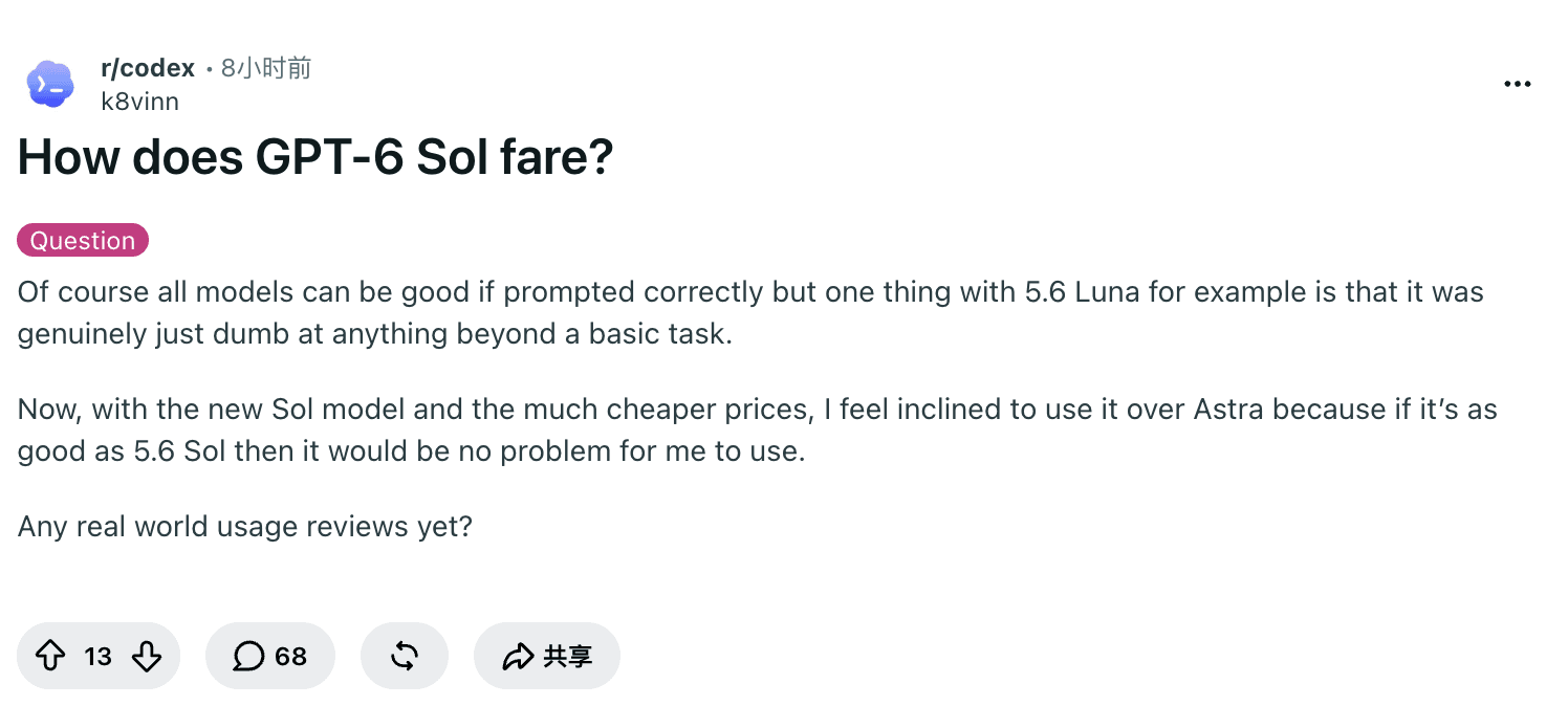 Publication Reddit sur r/codex intitulée How does GPT-6 Sol fare, demandant des retours d'usage réel