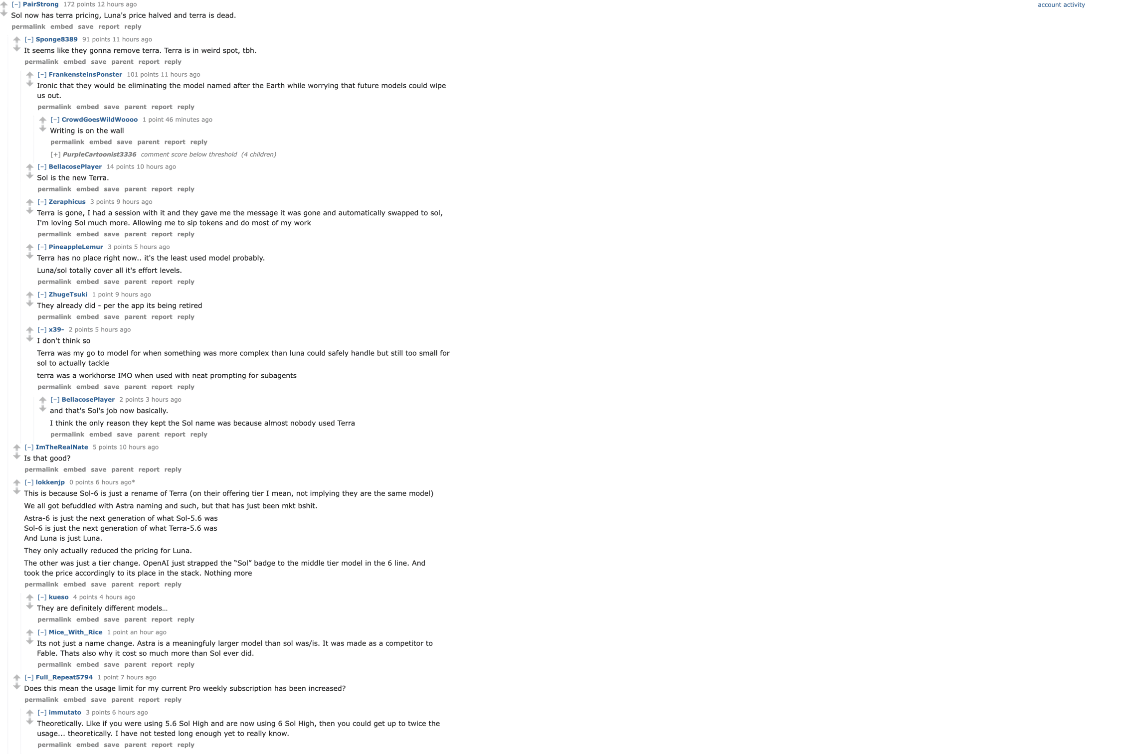 Reddit comment by PairStrong reading Sol now has terra pricing, Luna's price halved and terra is dead