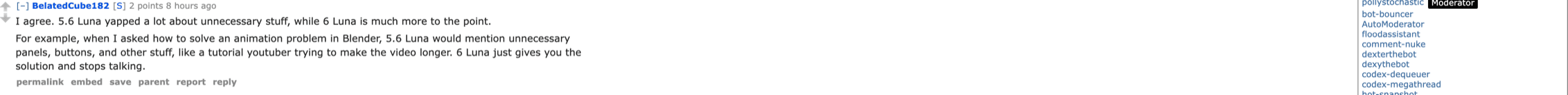 Reddit comment by BelatedCube182 saying 6 Luna is much more to the point than 5.6 Luna