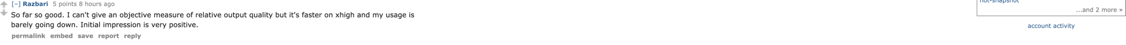 Reddit comment by Razbari saying GPT-6 Luna is faster on xhigh and their usage is barely going down