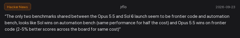 Hacker News comment from jrflo on the shared benchmarks between the two launches
