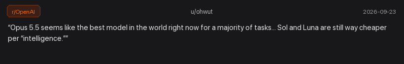 Reddit comment from u/ohwut on Opus 5.5 versus Sol and Luna pricing