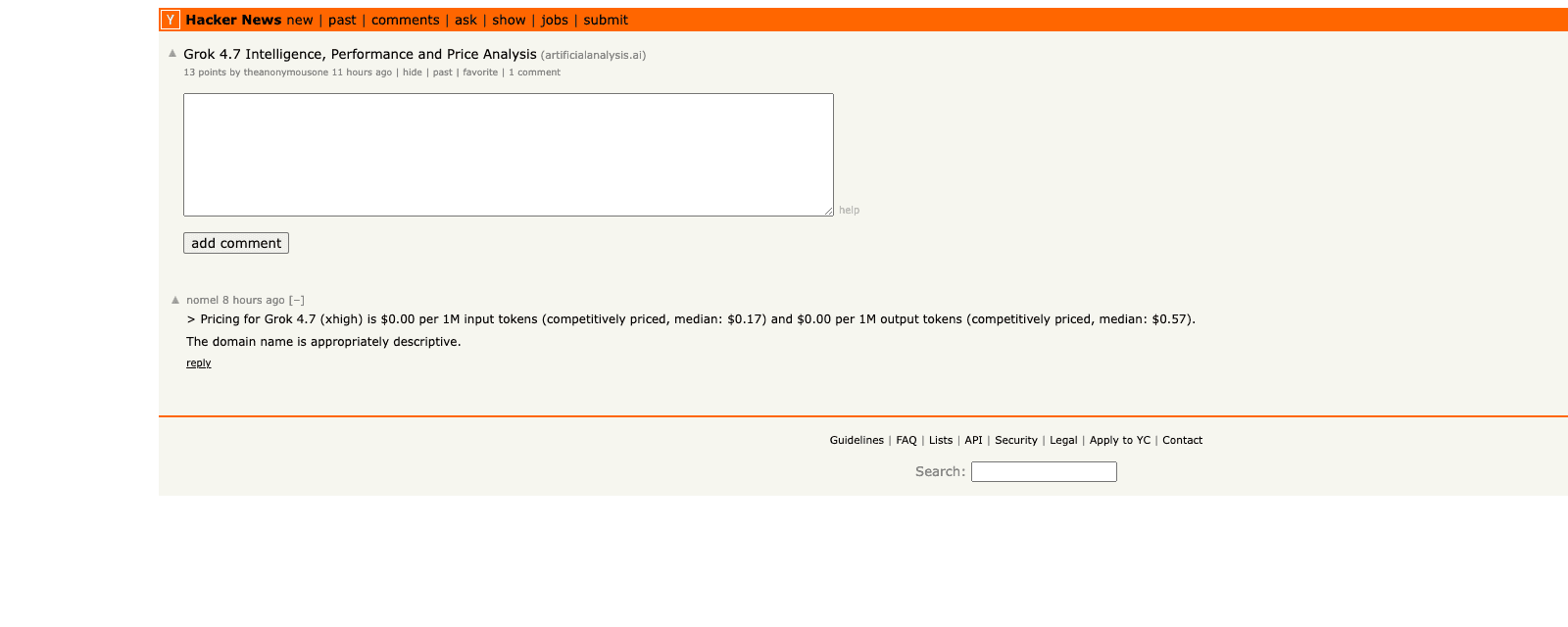 Comentario de Hacker News que cita una página con Grok 4.7 a cero dólares por millón de tokens