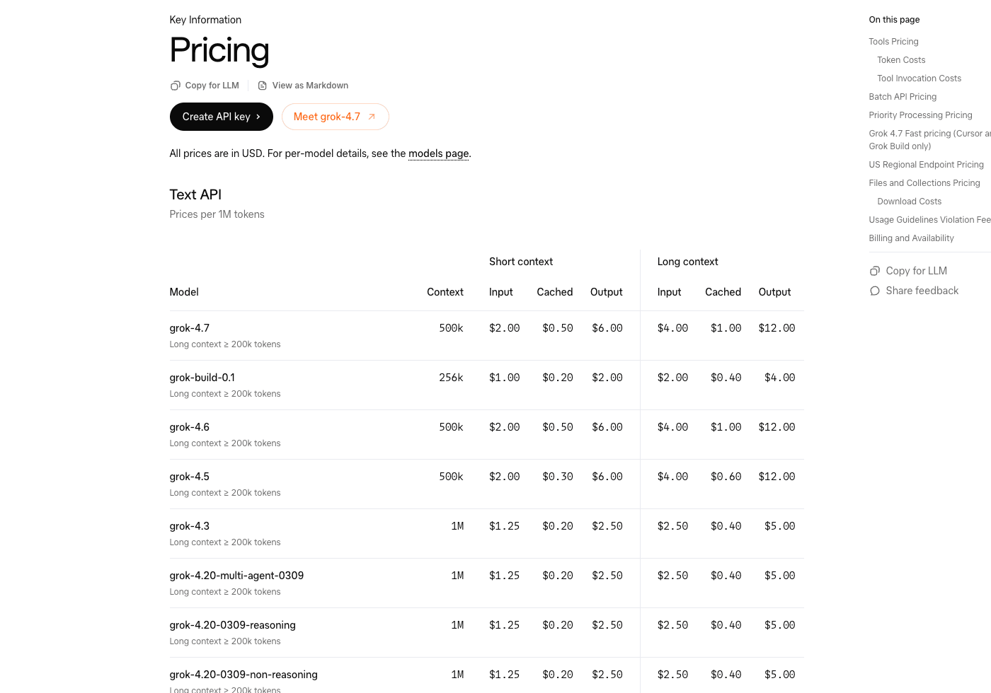 Tabla de precios de la API de texto de xAI, con grok-4.7 a 2 dólares de entrada, 0.50 en caché y 6 dólares de salida