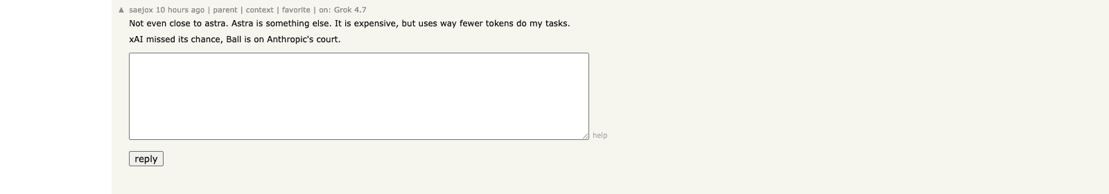 Hacker News comment by saejox saying Astra uses fewer tokens than Grok 4.7 despite a higher price