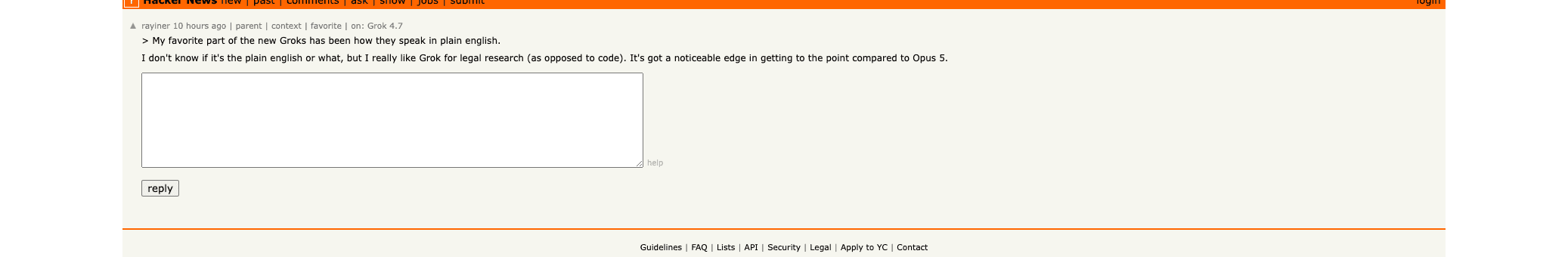Hacker News comment by rayiner preferring Grok for legal research because it gets to the point