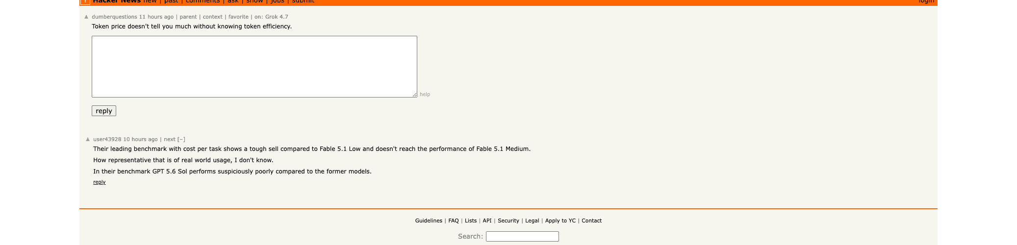 Hacker News comments saying token price is not token efficiency, and that Grok 4.7's cost per task is a tough sell against Fable 5.1 Low