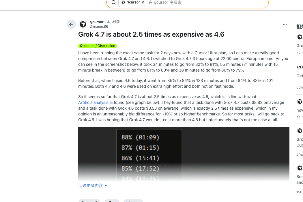 Reddit post by Dynamix86 saying Grok 4.7 used Cursor Ultra quota about 2.5 times as fast as Grok 4.6 on extra high