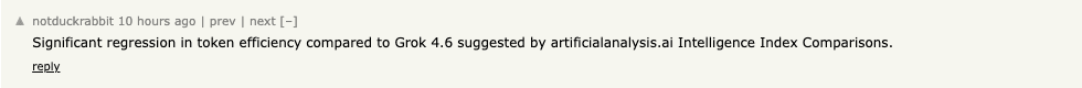 Hacker News comment on Grok 4.7 token efficiency versus Grok 4.6