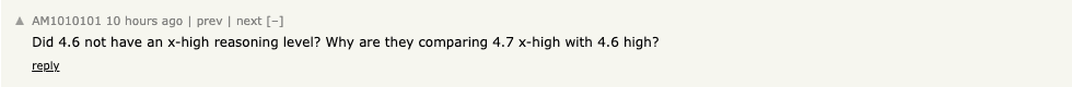 Hacker News comment asking why Grok 4.7 xhigh is compared with Grok 4.6 high