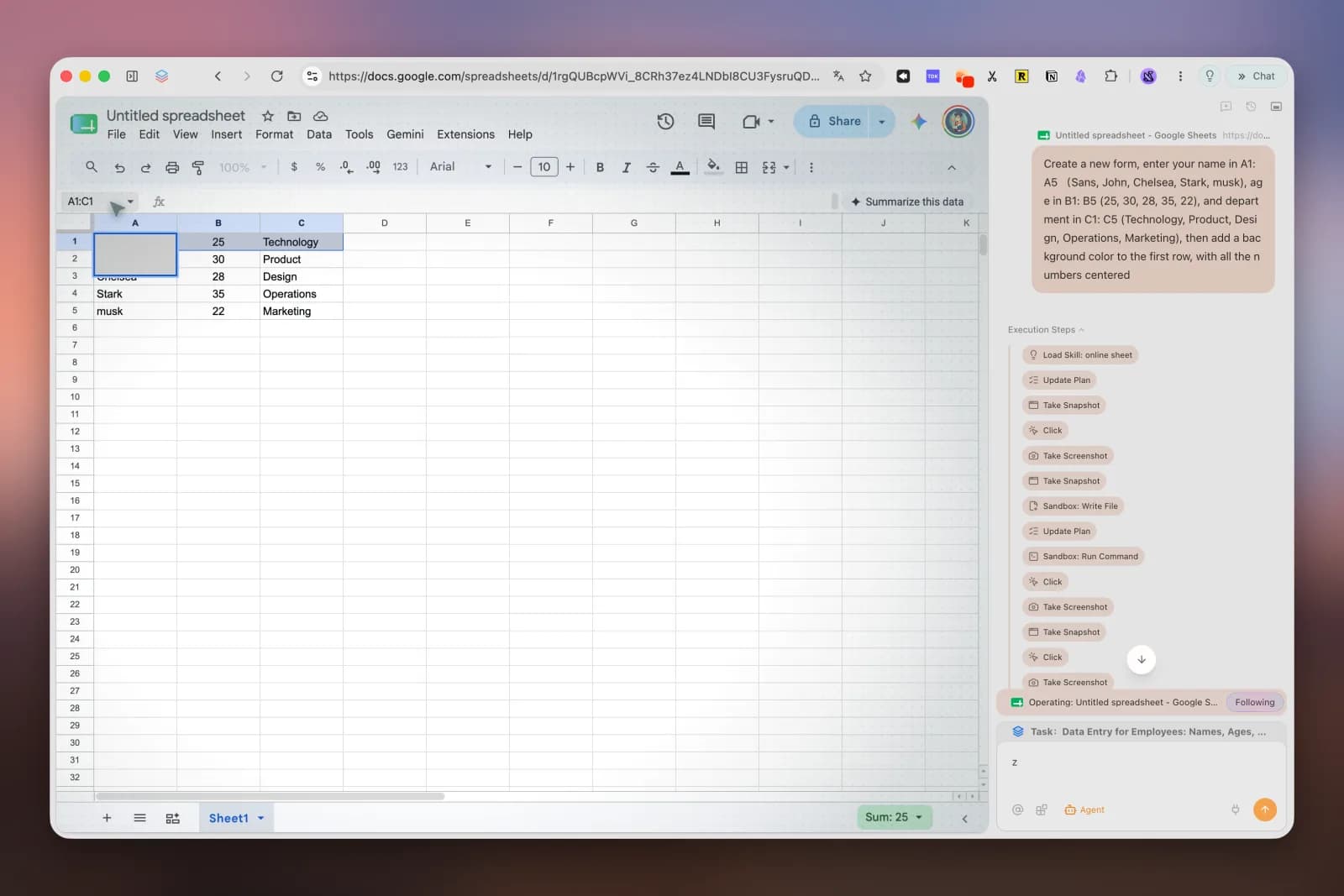 Tabbit Agent Mode filling a Google Sheets tracker while its task list and execution steps run in the side panel