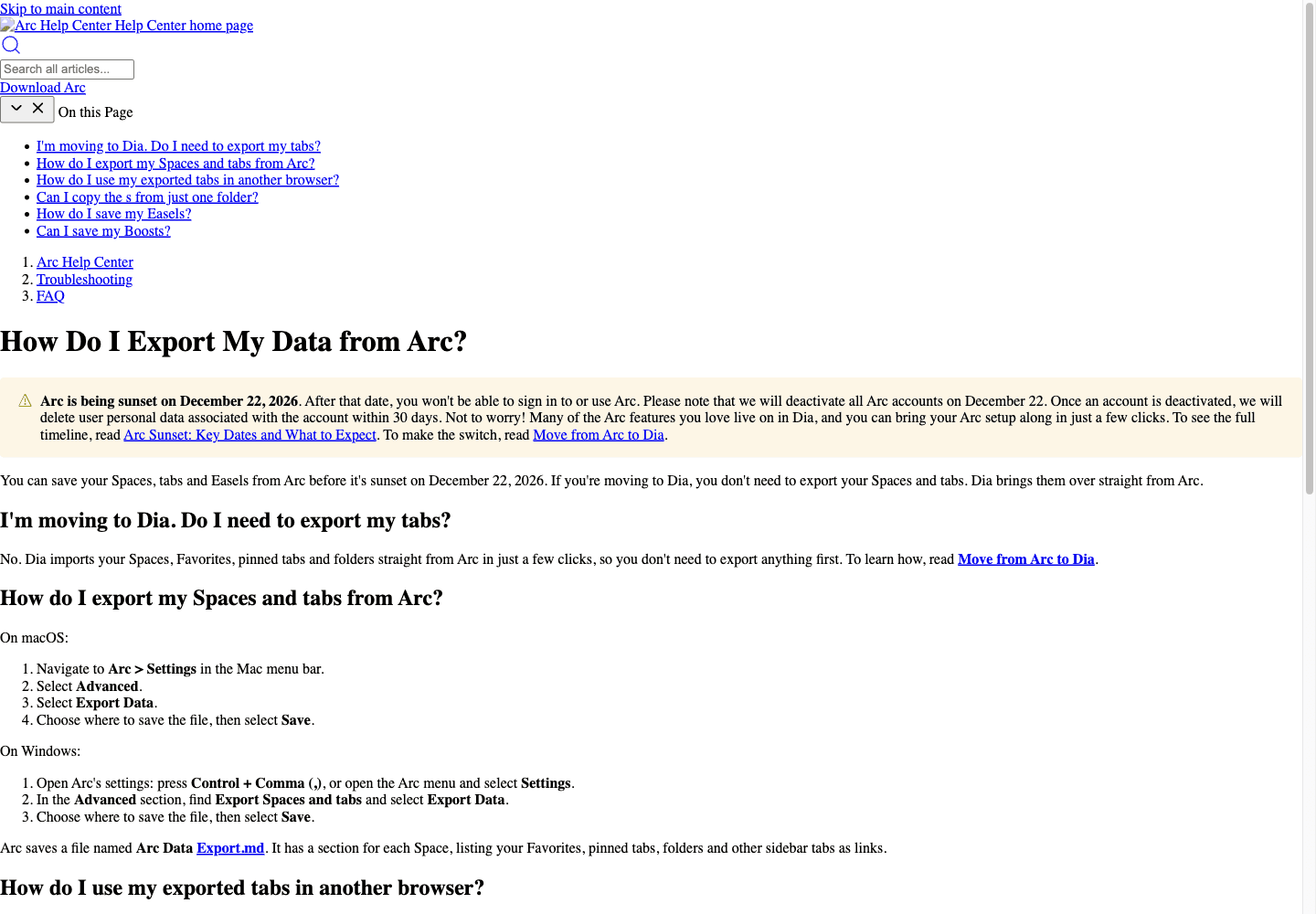 Arc official documentation listing macOS and Windows export steps and the Markdown filename