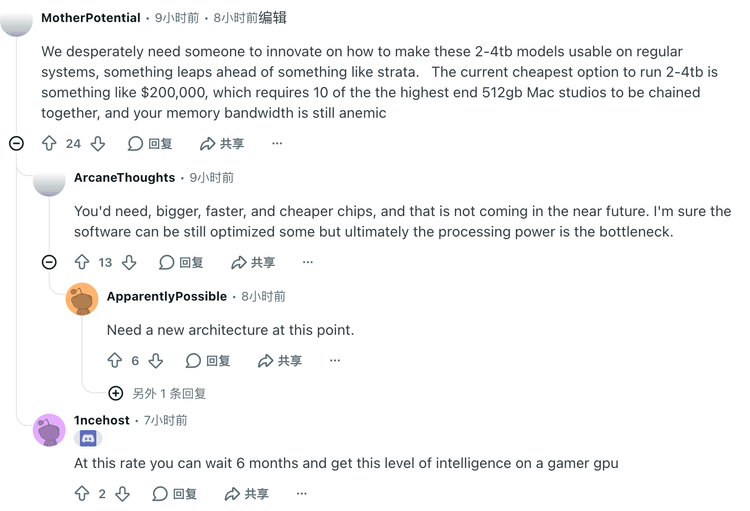 MotherPotential discusses the hardware barrier to local deployment. The hardware prices in the comment are unverified estimates.