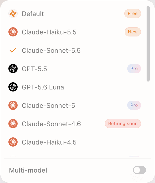 Current international Tabbit model picker, checked October 24, 2026. The inspected account did not offer Kimi K3.1 Pro; the image shows part of the scrollable list.