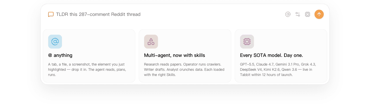 Tabbit official site showing context attachment, multi-agent roles with Skills, and multiple model options