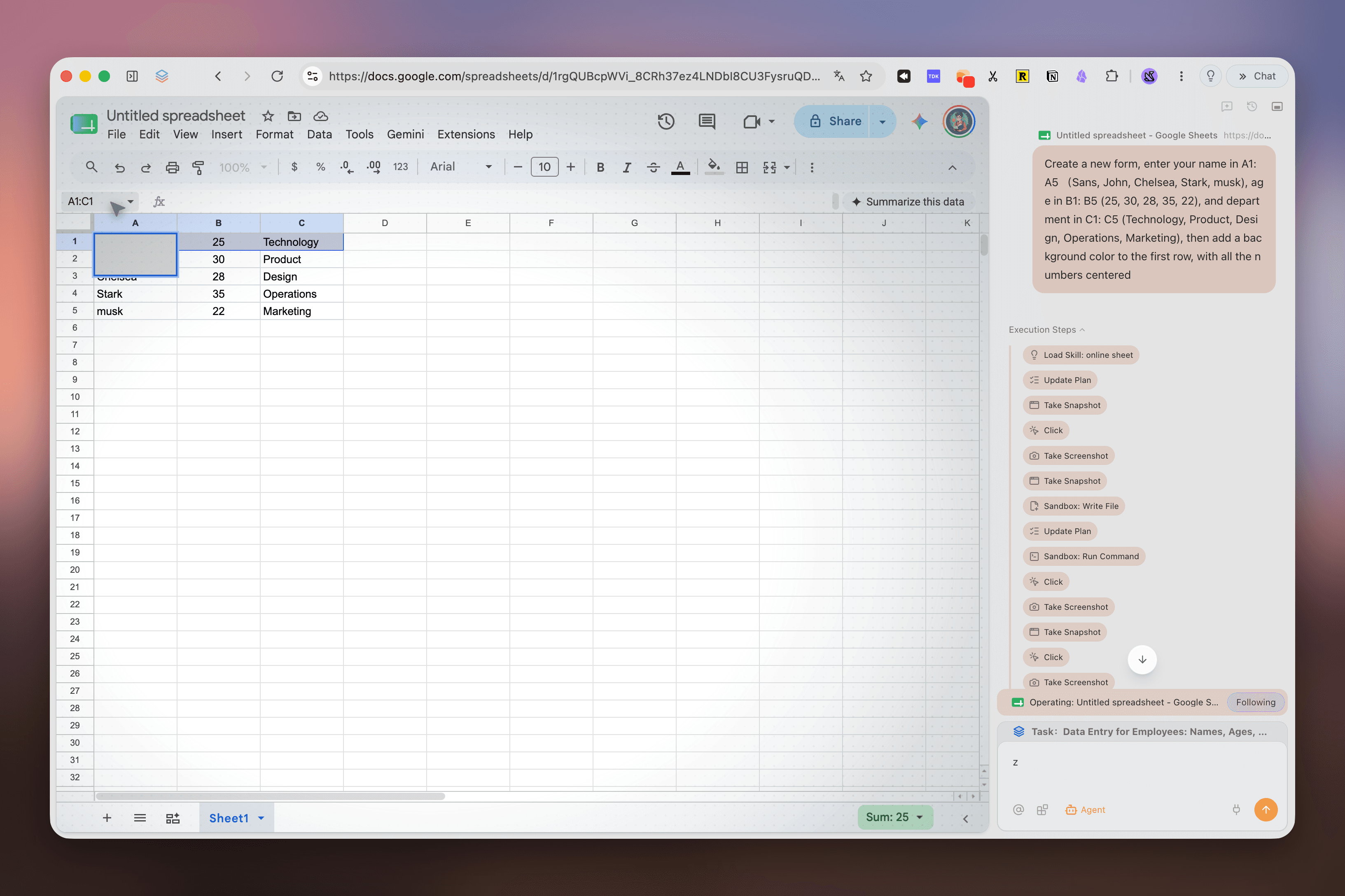 Tabbit Agent mode automatically filling a spreadsheet while a side panel lists each execution step