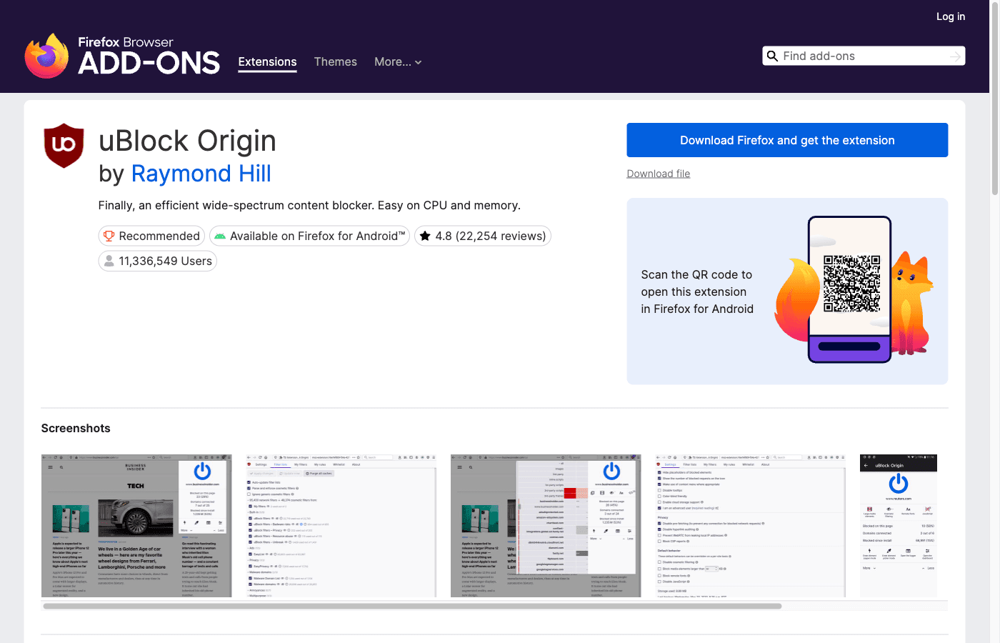 Firefox 안드로이드 지원 표시가 있는 uBlock Origin 공식 페이지