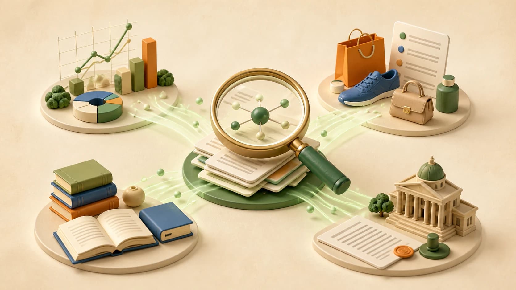 Ilustración 3D editorial de investigación profunda aplicada a análisis, compras, literatura y políticas