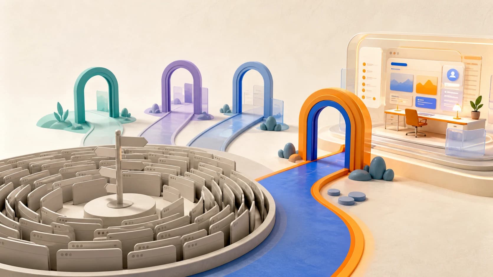 Ilustración 3D editorial de pestañas abarrotadas ante rutas alternativas hacia un espacio de trabajo con IA