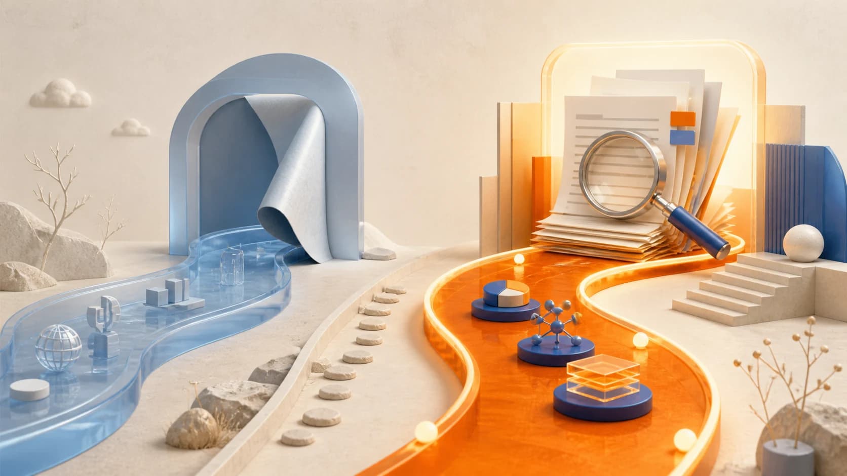 Ilustración 3D editorial de una ruta de investigación azul que termina y otra naranja que conduce a documentos citados