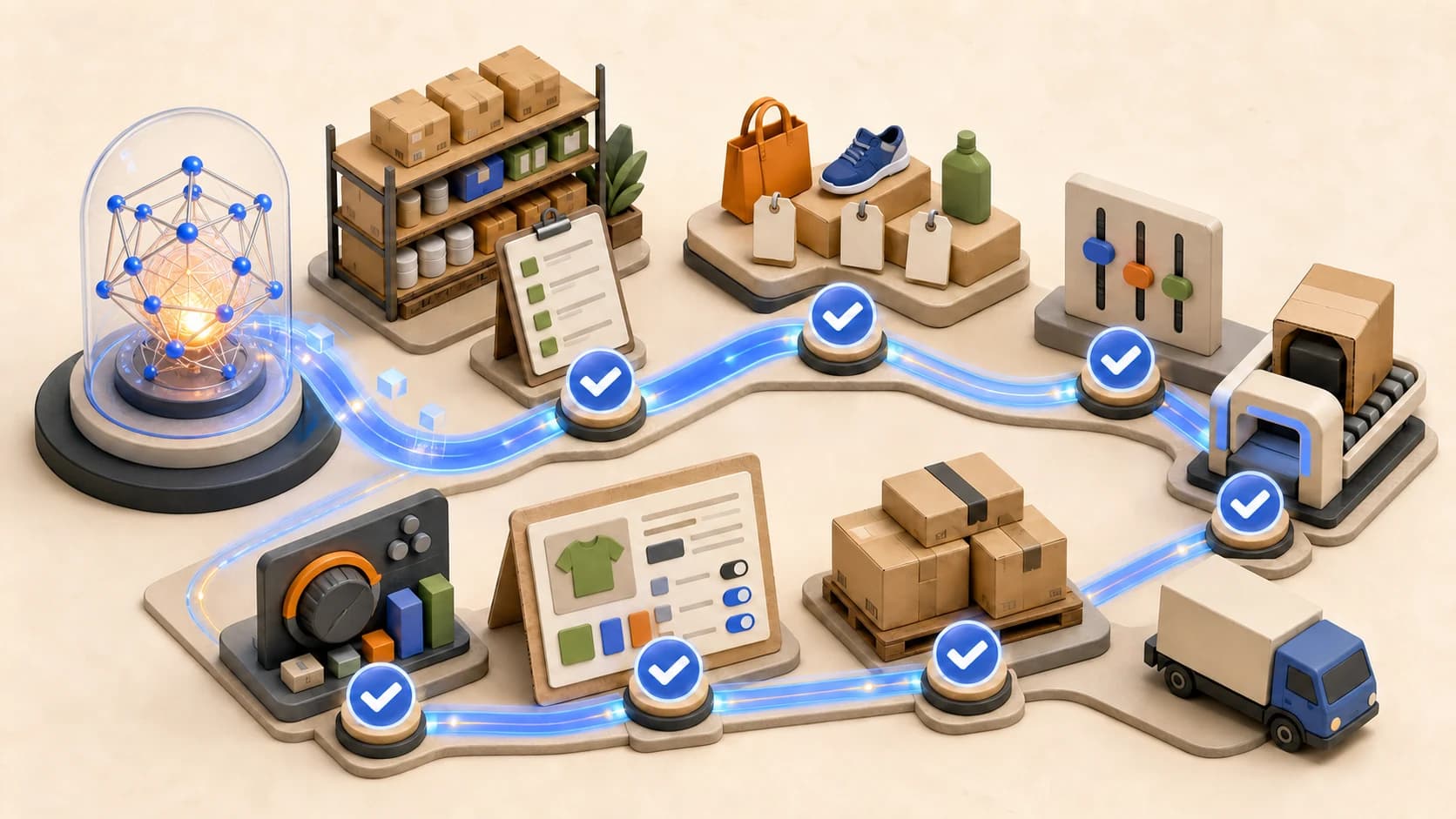 Ilustración 3D editorial de una esfera de IA guiando inventario, productos, ajustes y logística