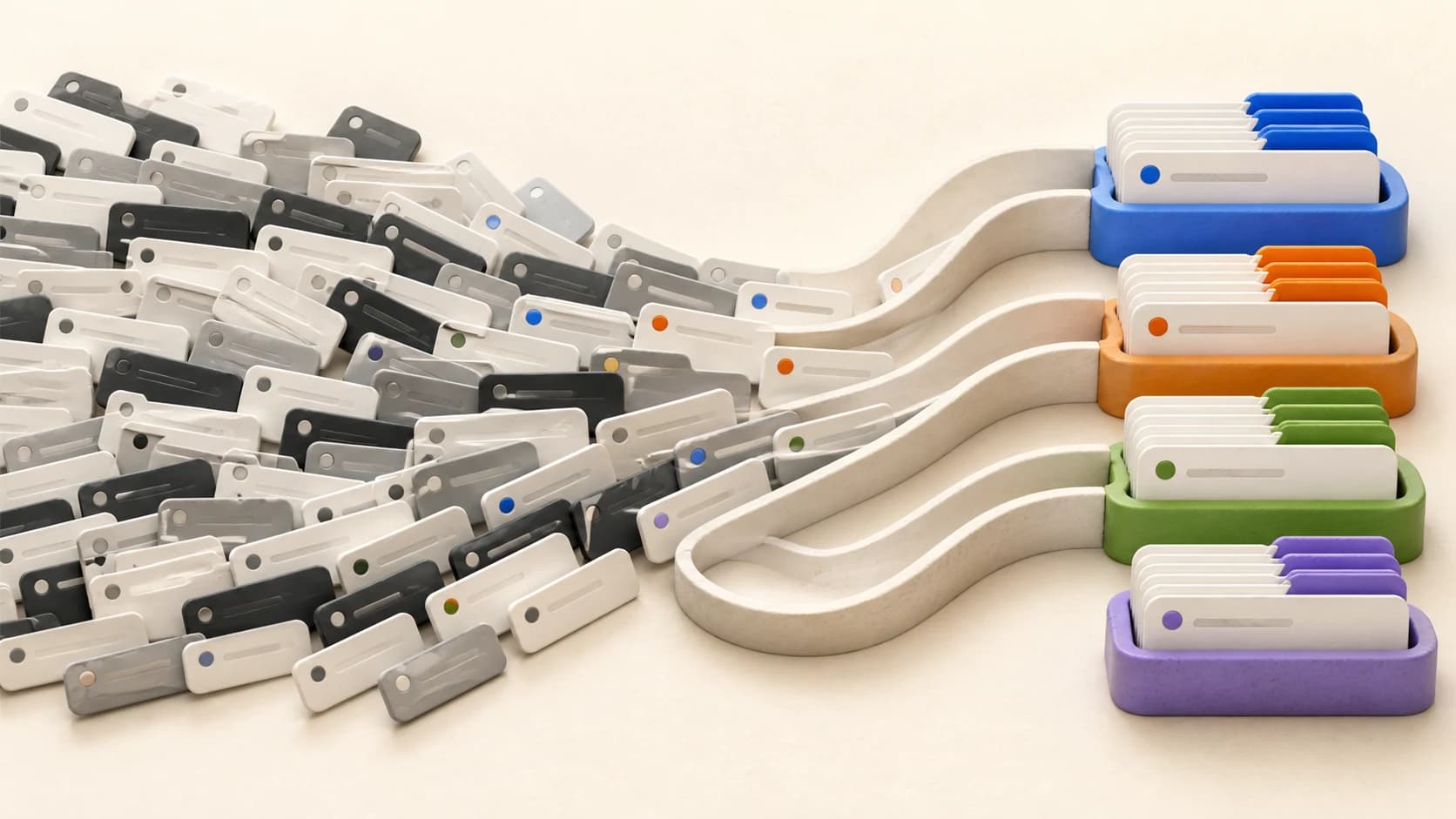 Ilustración 3D editorial de pestañas caóticas que se ordenan en cuatro grupos por color