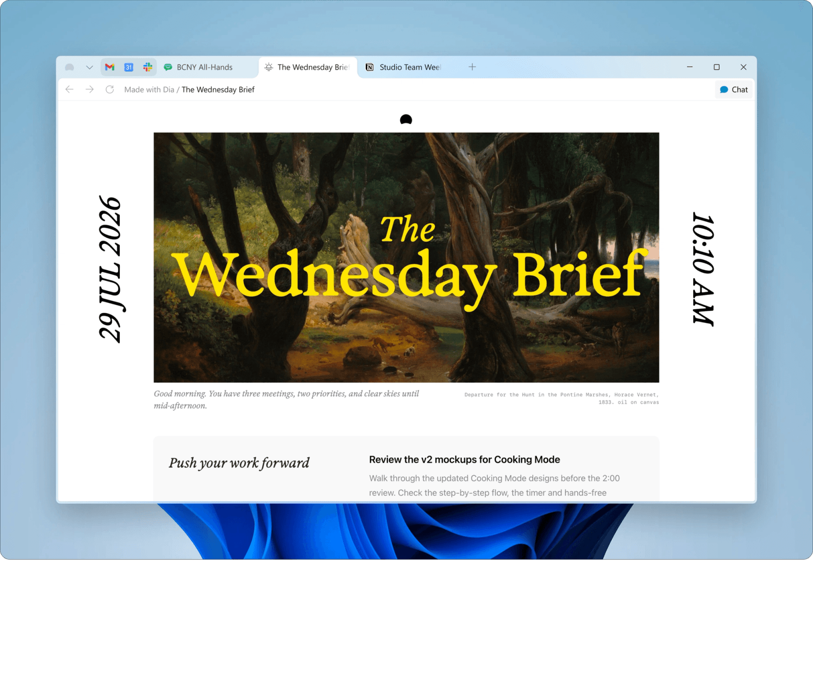 Screenshot of the Dia browser on macOS: the Wednesday Brief morning page dated July 29, 2026 with a greeting, a painting caption, and a Chat button at the top right