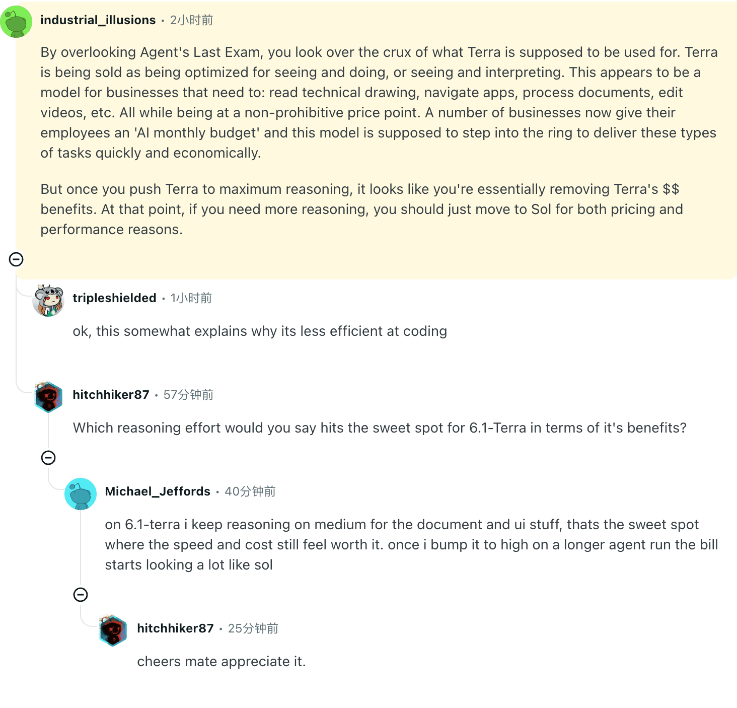 Reddit discussion about GPT-6.1 Terra for visual business tasks and the cost trade-off at maximum reasoning