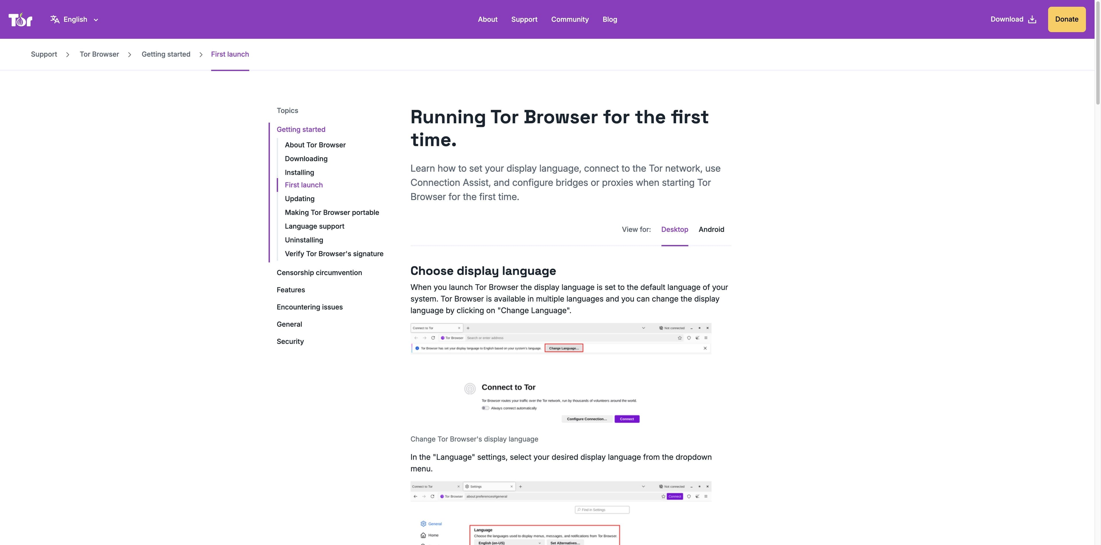 Tor Project support page showing first-launch language selection and the Connect to Tor window.
