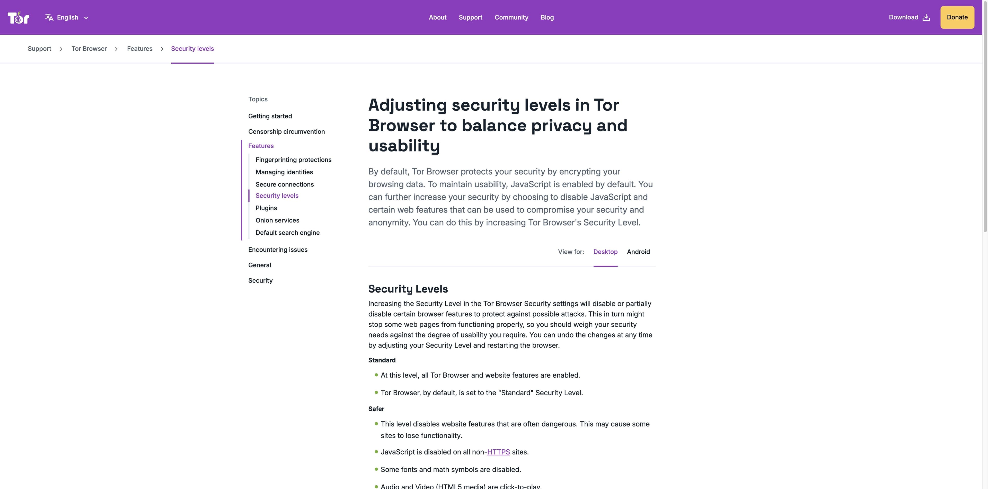 Tor Project security-levels support page explaining Standard, Safer, and Safest settings.