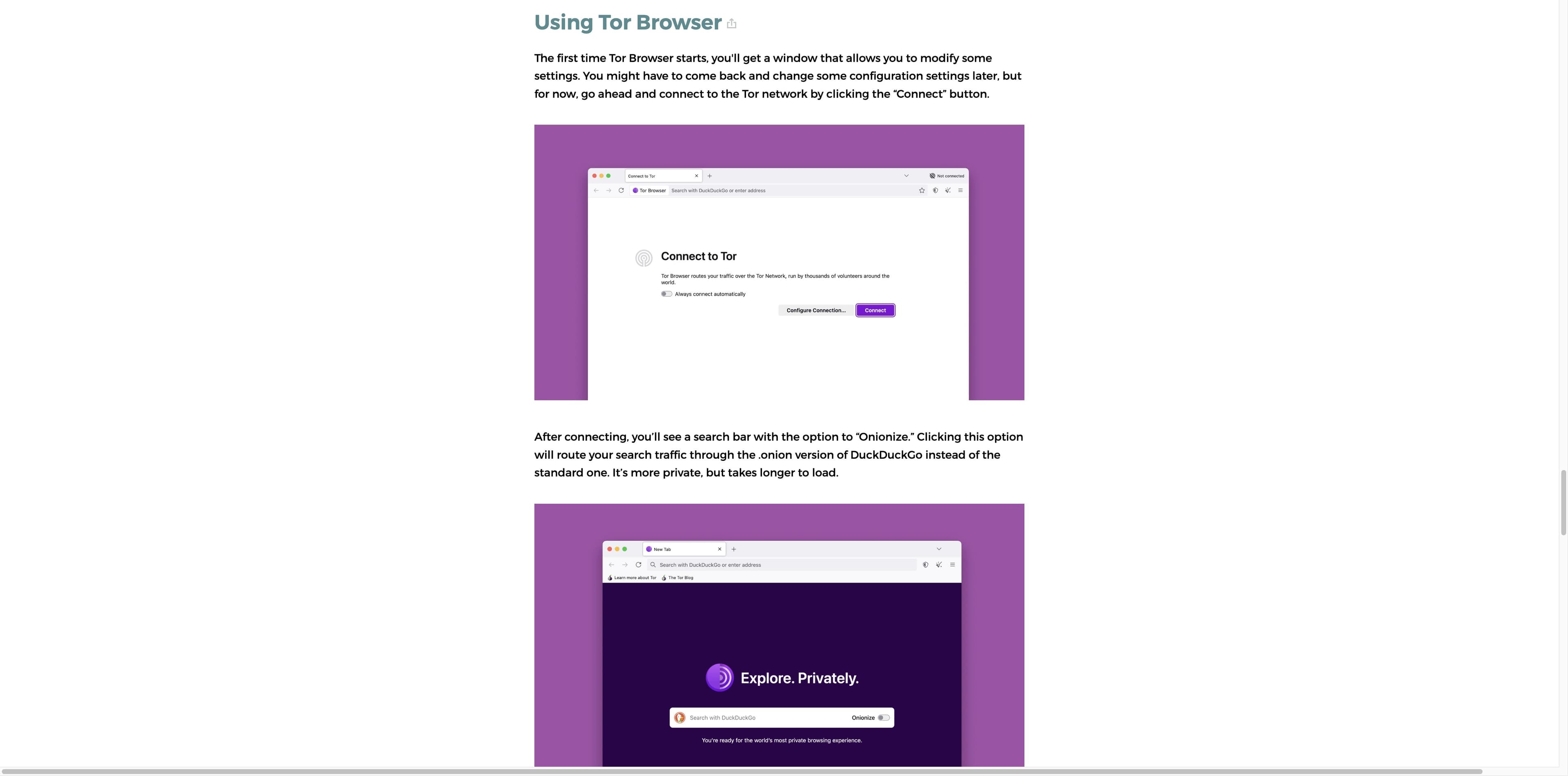 EFF Surveillance Self-Defense guide showing Tor Browser’s Connect screen and an Onionize option after connecting.