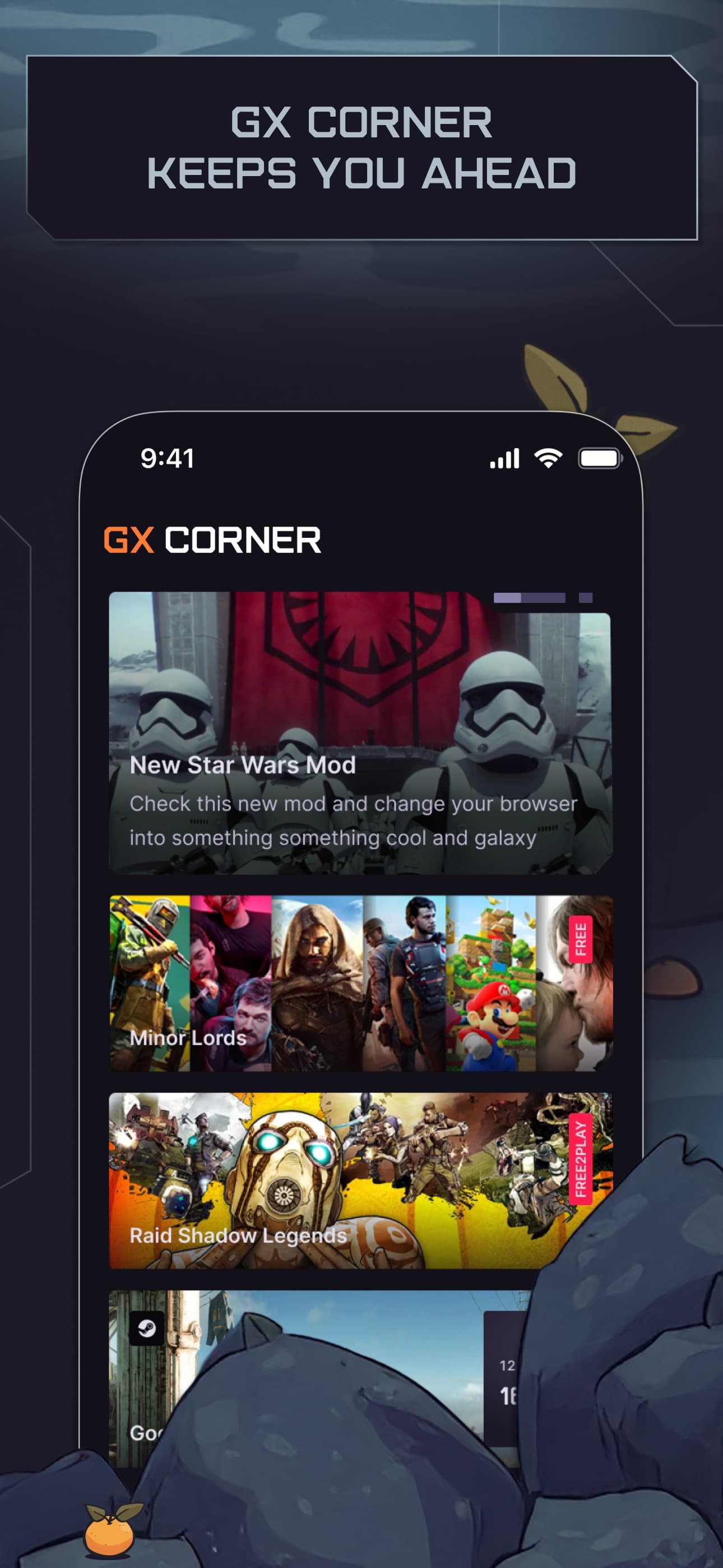 Official Opera GX iPhone screenshot showing GX Corner with free-game and deal cards