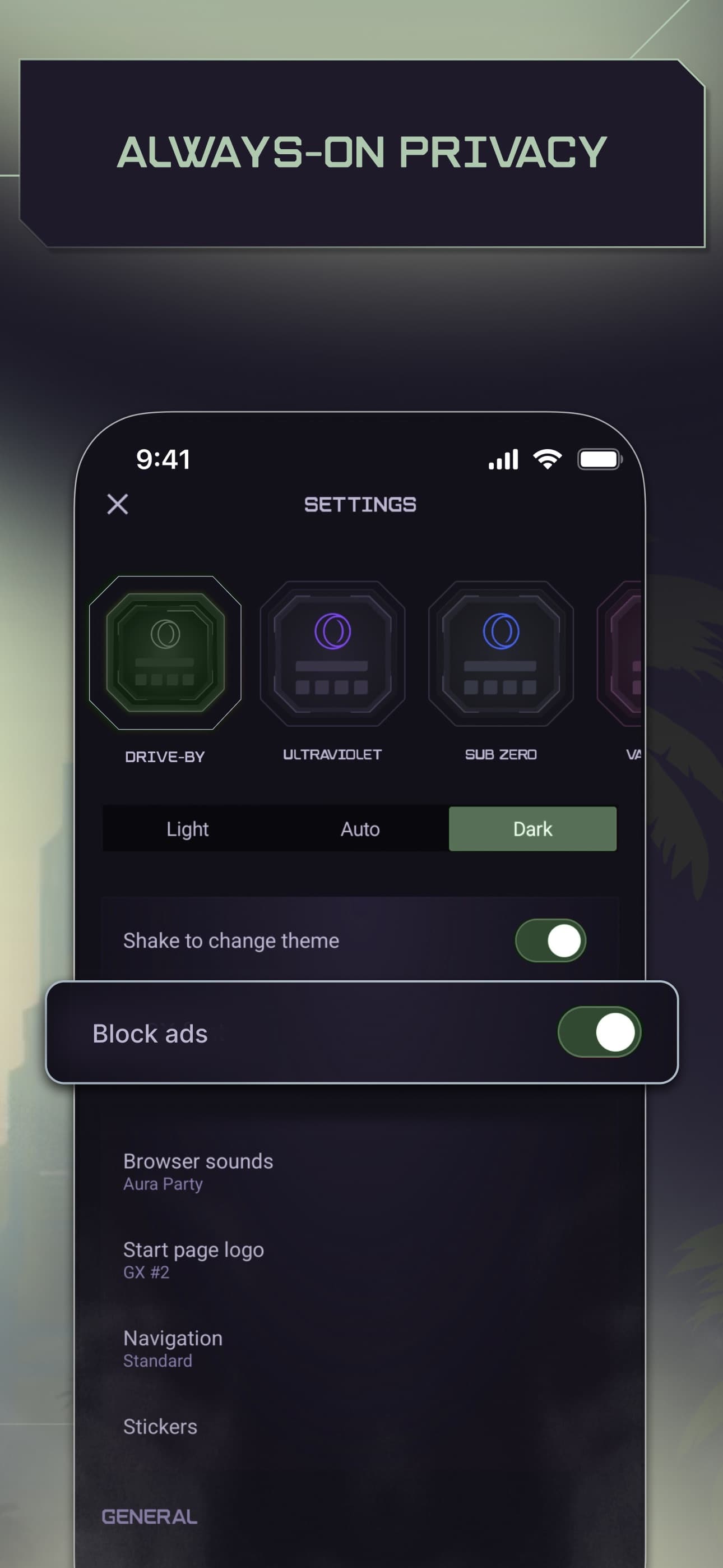 Official Opera GX iPhone screenshot showing mobile settings with a Block ads toggle