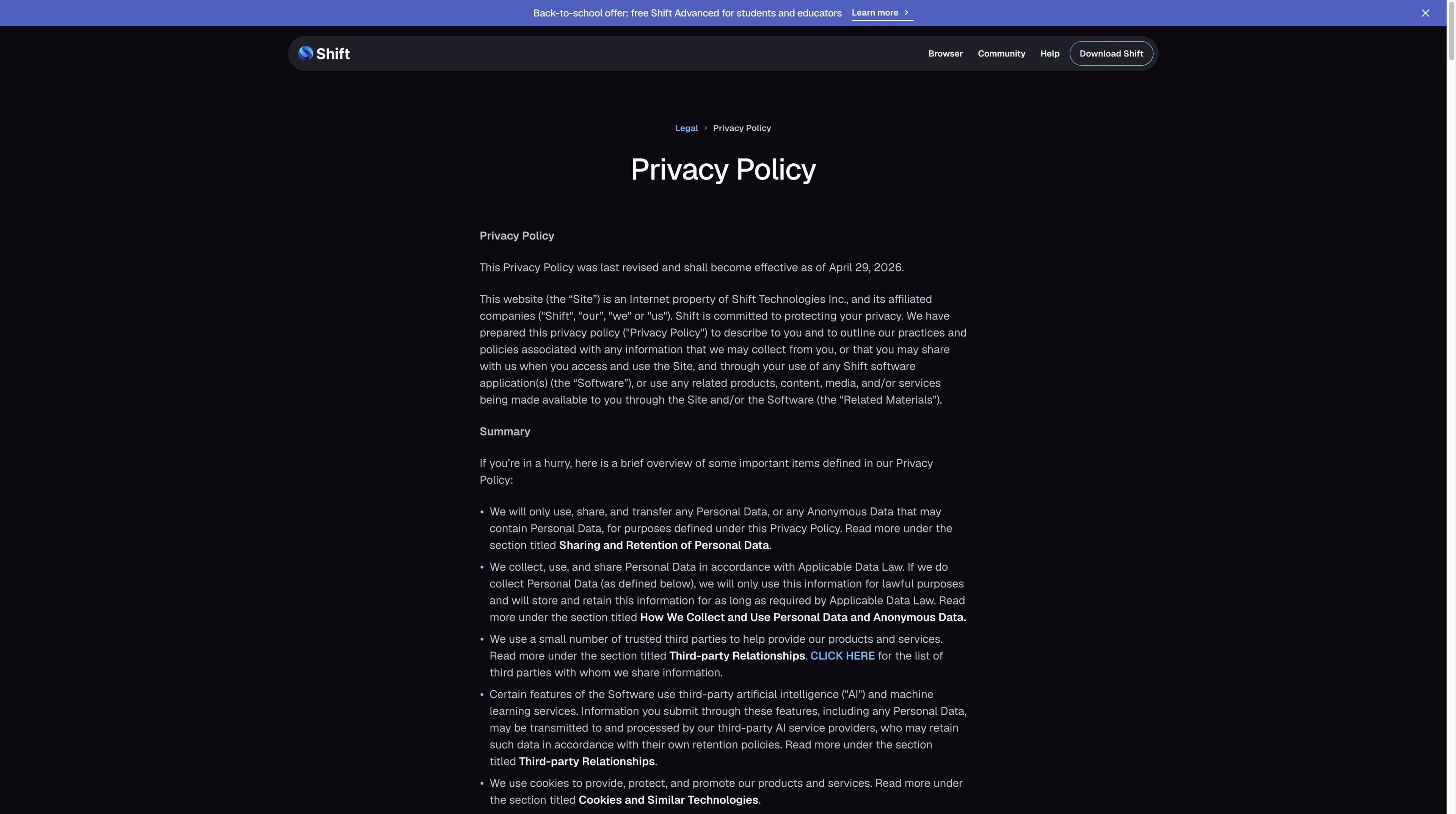 Shift Privacy Policy page showing sections about personal data, application data and third-party AI providers