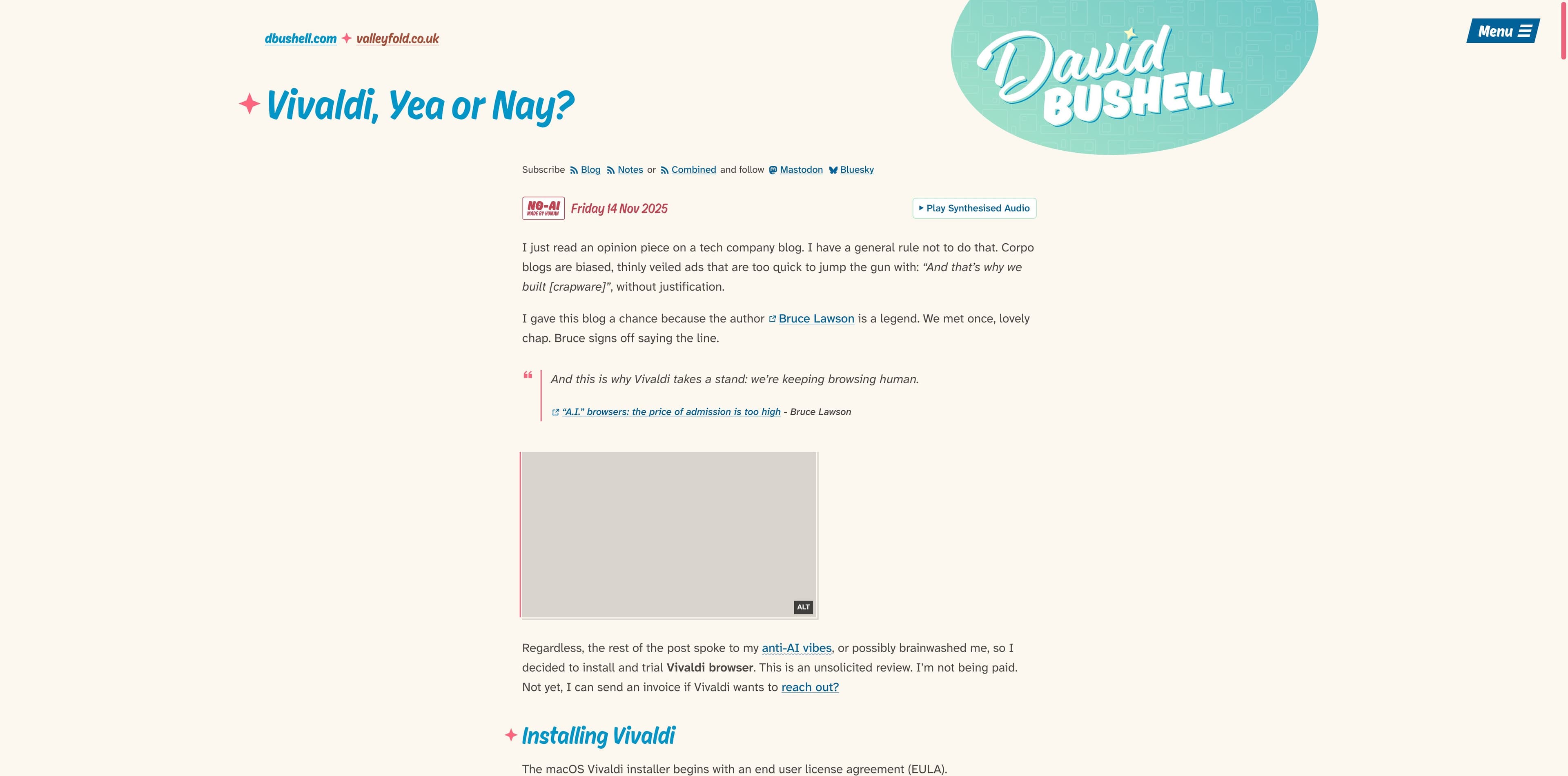 Independent David Bushell Vivaldi review page showing the title, author framing and hands-on setup context