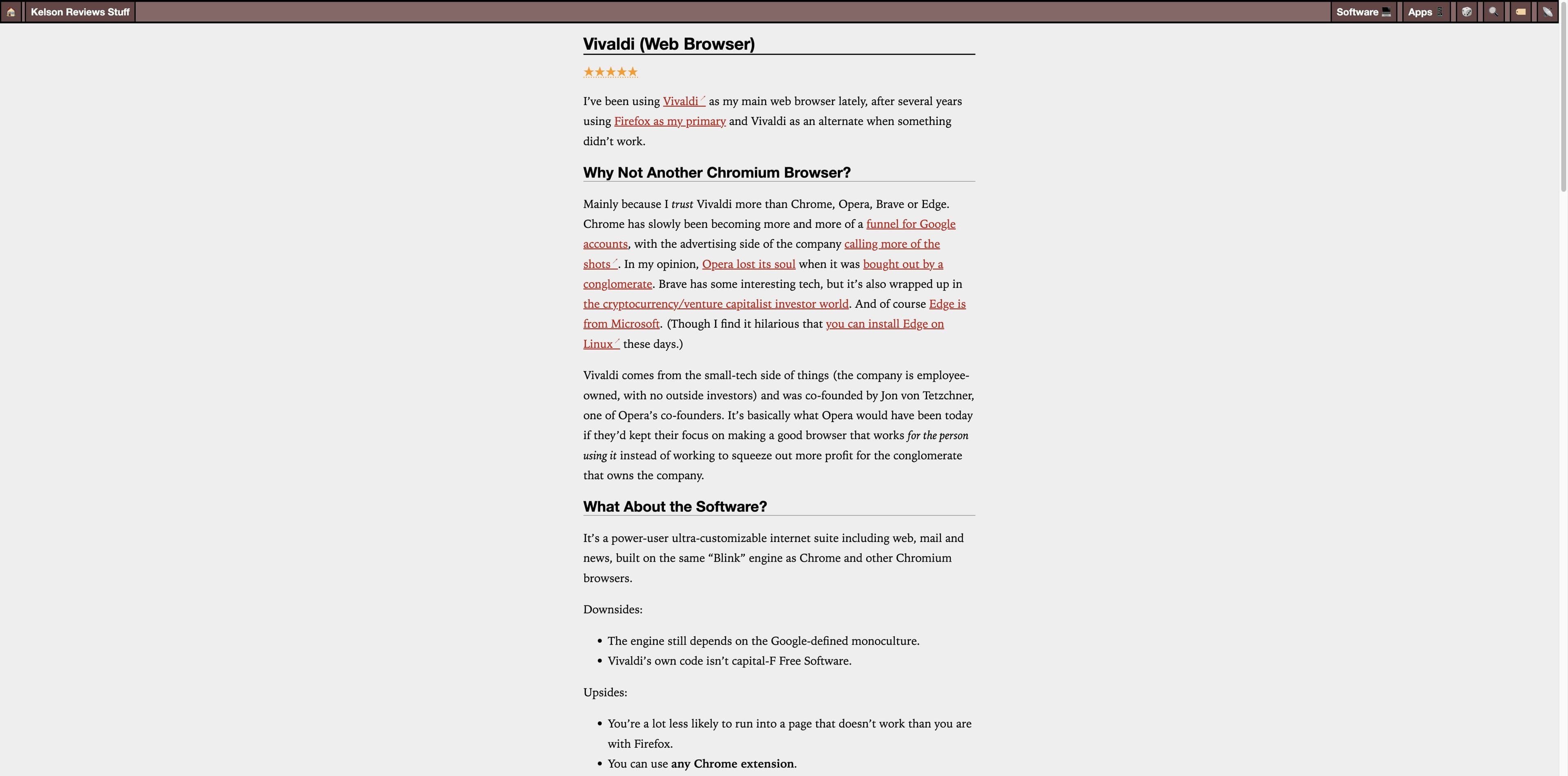 Independent Kelson Vibber Vivaldi review page showing the customization, Chromium and upsides-and-downsides sections
