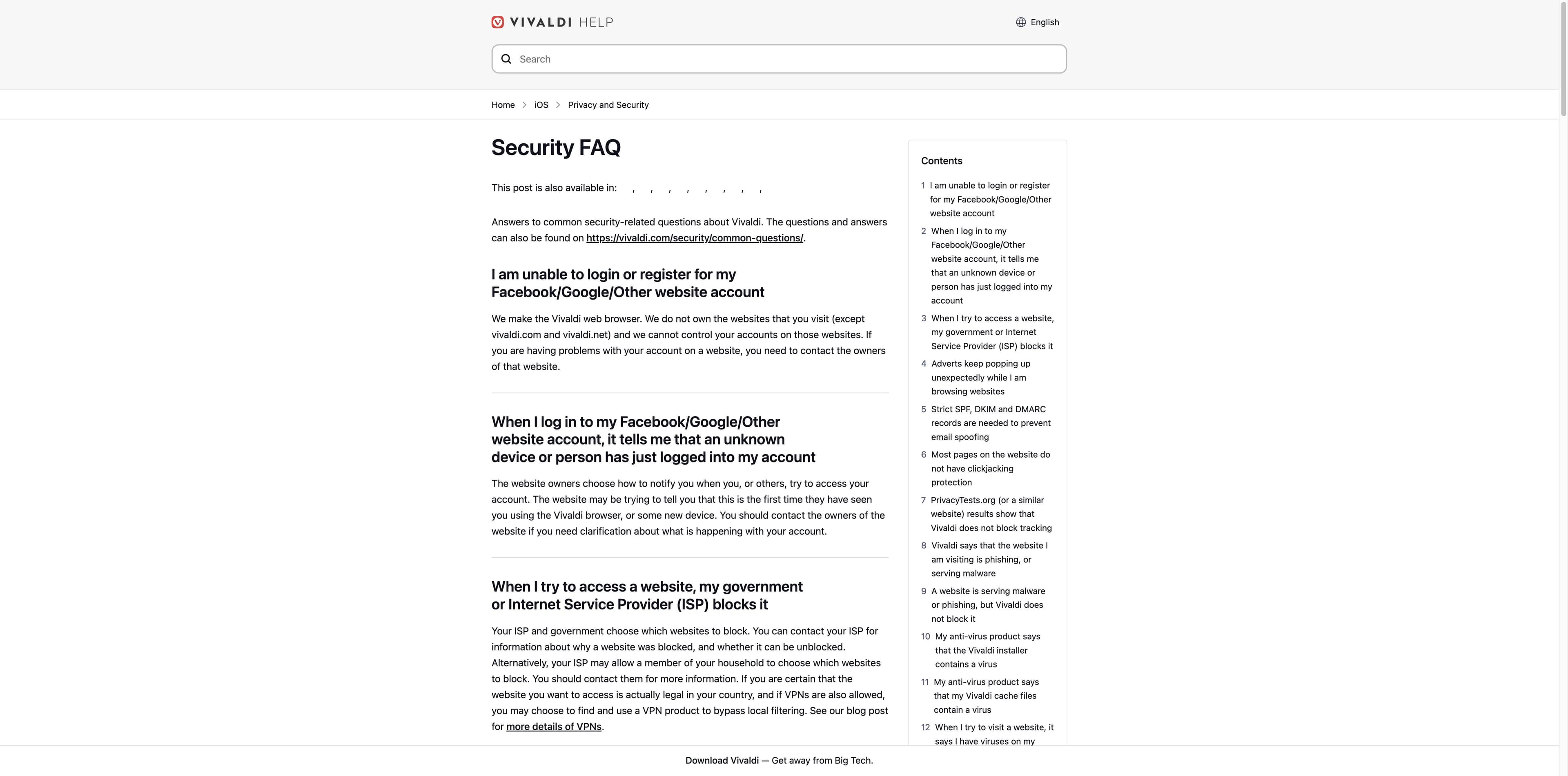 Vivaldi Help Security FAQ page showing questions about phishing, tracker tests and Chromium updates