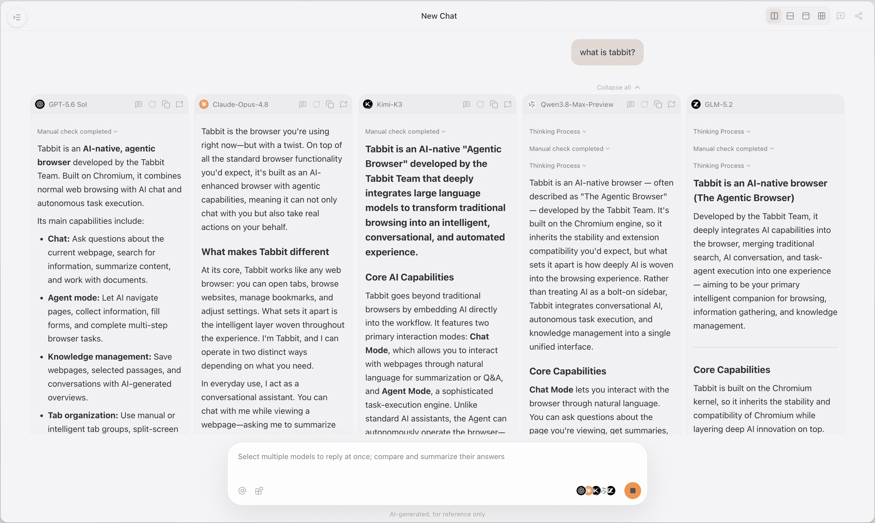 Tabbit multi-model chat showing replies from several AI models side by side