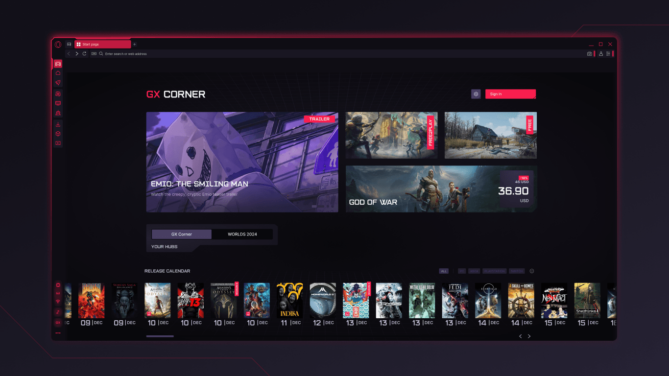 Opera GX GX Corner screen with featured games, a deals card and a release calendar