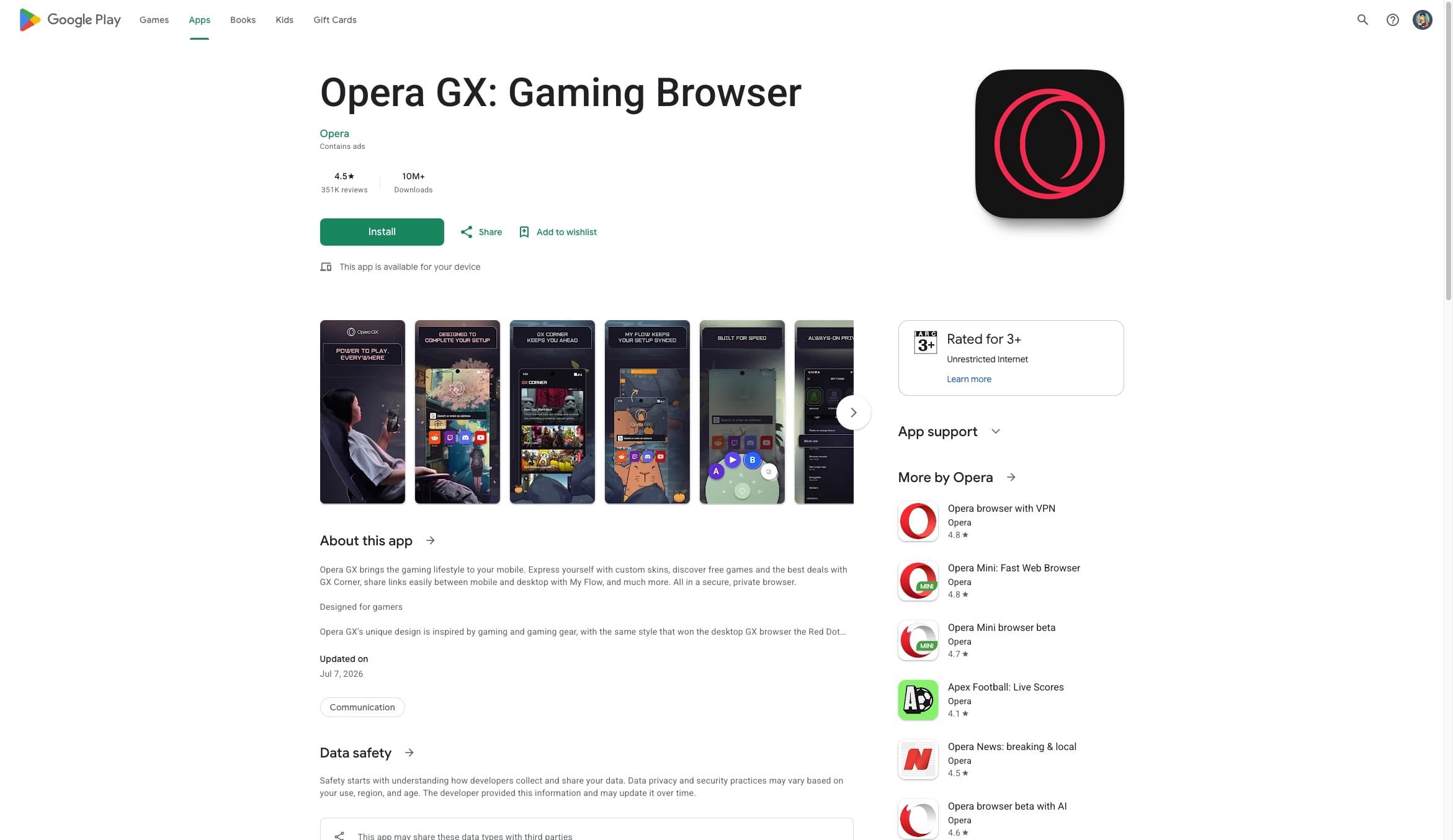 Google Play listing for Opera GX showing the Install button, device-availability message and mobile GX screenshots
