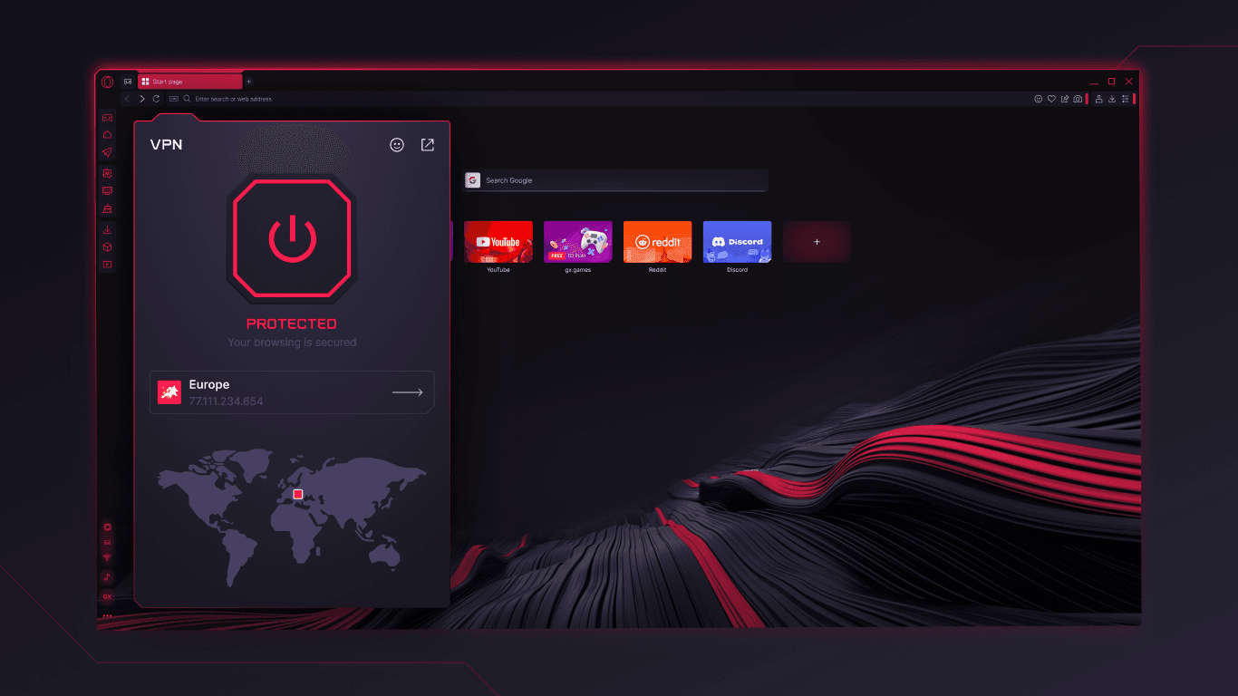 Panel VPN oficial de Opera GX con estado Protected, servidor en Europe, dirección IP y mapa