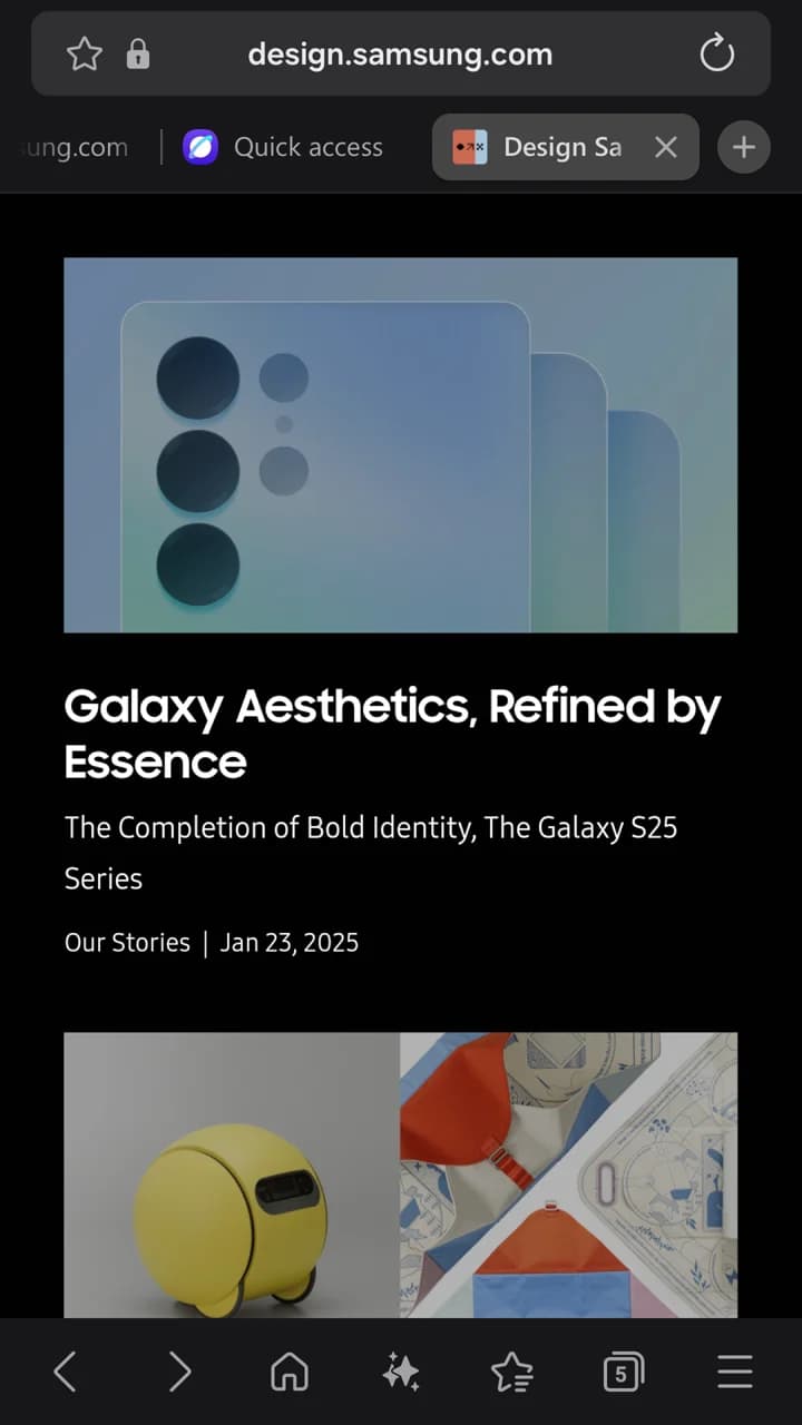 Samsung official Android screenshot showing a dark webpage, the tab bar and bottom navigation.